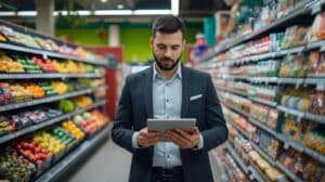 A CIO in a dark blazer holds a tablet while standing in a grocery store aisle between produce and packaged goods.