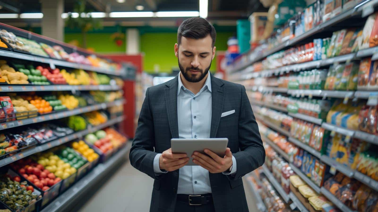 A CIO in a dark blazer holds a tablet while standing in a grocery store aisle between produce and packaged goods.